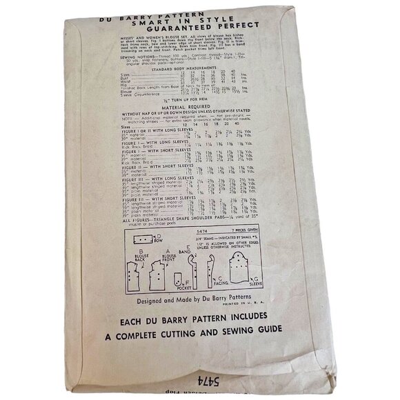 Du Barry Sewing Pattern 5474 Blouse Top Size 16 Bust 34" Bust Unprinted WWII OOP - Picture 6 of 7
